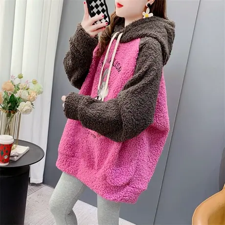 设计感拼色羊羔毛卫衣女2022新款秋冬宽松慵懒风加厚加厚外套学生图片