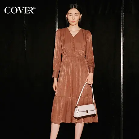 COVER秋季V领美拉德收褶法式连衣裙图片