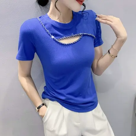 时尚钉珠T恤女短袖洋气性感镂空上衣设计感女小众夏季修身小衫潮图片