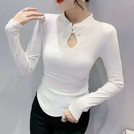 弧形下摆打底衫女春秋2024新款性感镂空长袖T恤复古盘扣洋气上衣商品大图