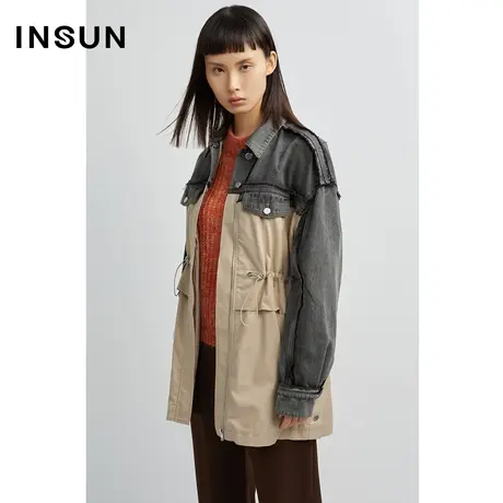 INSUN恩裳冬季抽绳收腰拼接风衣图片