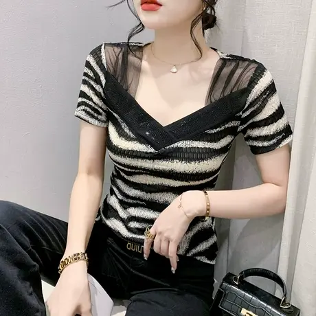 欧货性感网纱短袖T恤女士夏装2024新款时尚洋气小衫别致显瘦上衣图片