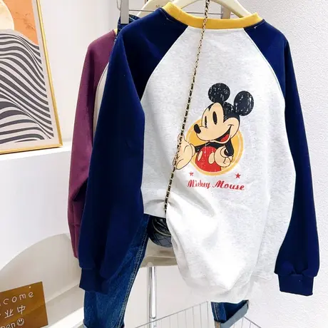 韩代同款秋冬洋气时髦复古拼色加绒卫衣加绒上衣宽松微胖遮肉欧货商品大图