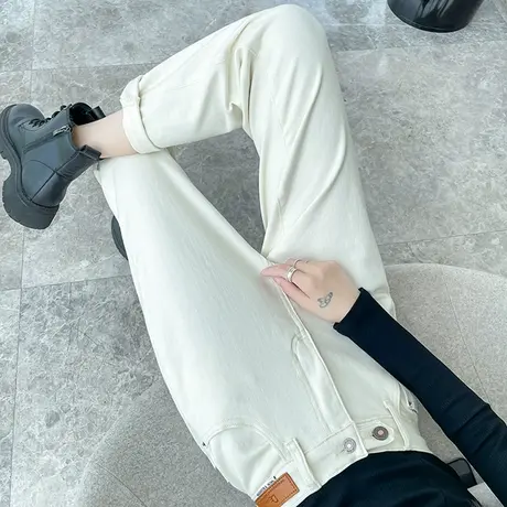 白色老爹牛仔裤女2023秋冬新款高腰直筒宽松显瘦九分小个子哈伦裤商品大图