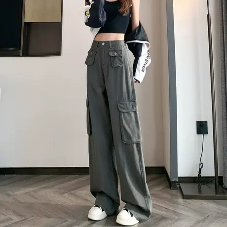 灰色牛仔工装裤女2023新款秋季新款美式设计感高腰直筒阔腿拖地裤商品大图