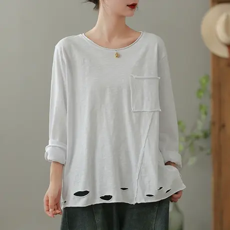 dza复古圆领破洞长袖T恤女士春秋纯棉内搭显瘦上衣宽松白色打底衫商品大图