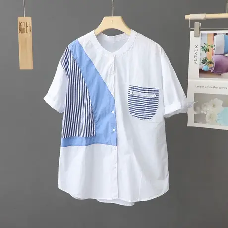 设计感小众白色衬衫女上衣短袖宽松夏季薄款蓝色条纹拼接纯棉衬衣商品大图