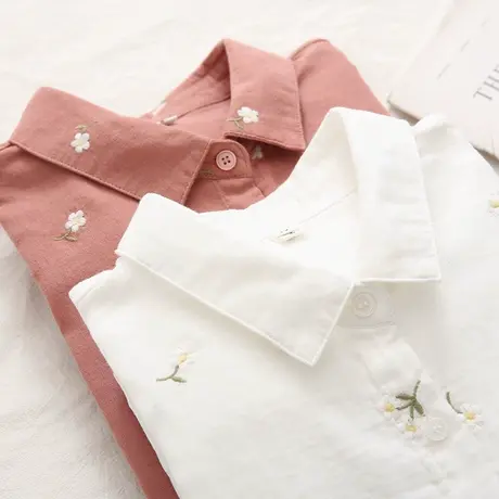 春秋装韩版文艺小清新刺绣花朵双层棉纱长袖白衬衫女学生百搭上衣图片