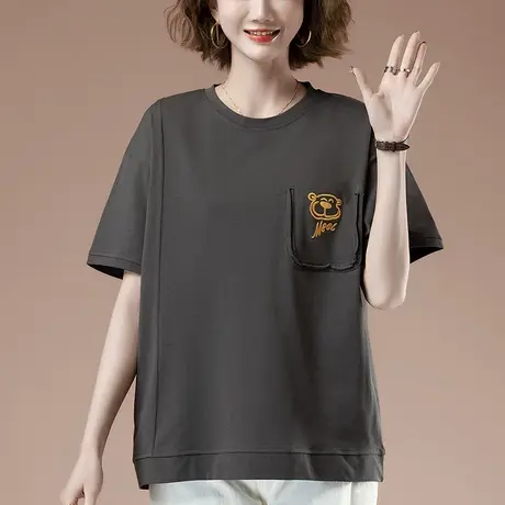 加肥加大码短袖t恤女夏季新款宽松中年妈妈纯棉刺绣圆领显瘦体恤商品大图