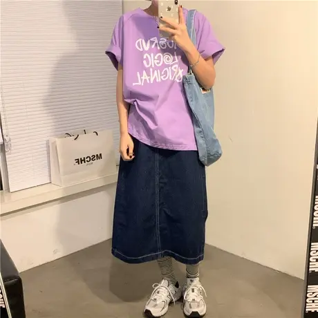 红续~2023夏装新款字母百搭宽松ulzzang温柔风盐系短袖T恤女纯棉图片