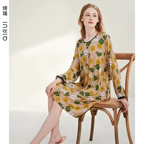绮瑞睡裙女秋莫代尔长袖天丝女士睡衣春秋款国风印花中长款家居服图片