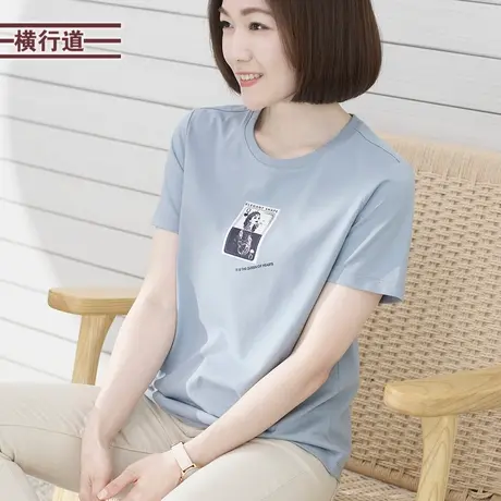 纯色小圆领印花休闲宽松妈妈装短袖t恤打底衫半袖百搭夏装女上衣商品大图