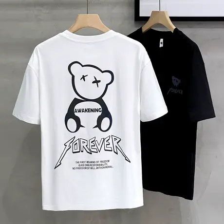 冰丝爽棉镭射印花小熊短袖T恤男ins潮牌宽松夏季男生体恤半袖上衣商品大图