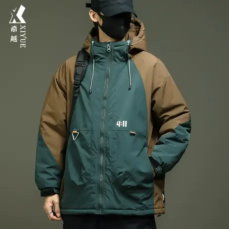 希越加厚棉衣男士秋冬户外工装冲锋衣宽松大码设计感撞色运动外套图片