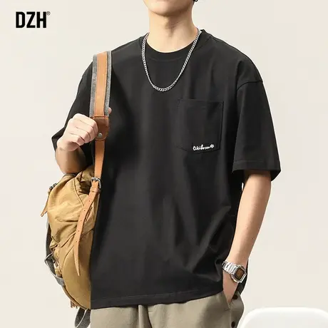 男士黑色圆领短袖t恤男重磅纯棉夏季2023新款刺绣上衣宽松五分袖商品大图