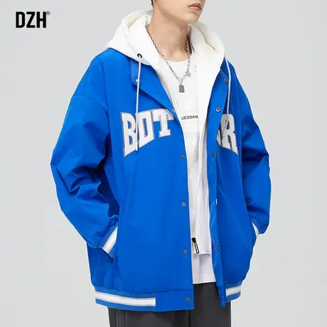 男生假两件外套男秋季潮牌连帽克莱因蓝夹克上衣宽松男装2023新款商品大图