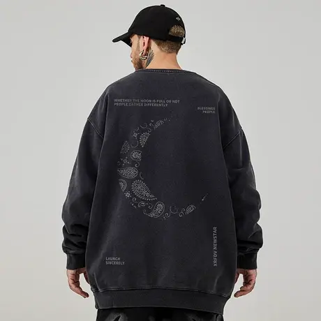 美式嘻哈复古大码卫衣男新款春秋潮ins纯棉重磅水洗做旧高街外套商品大图