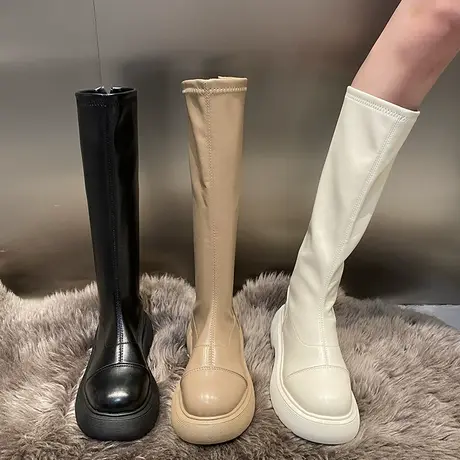 小个子不过膝长靴女2023年春秋新款百搭英伦风厚底显瘦高筒骑士靴商品大图