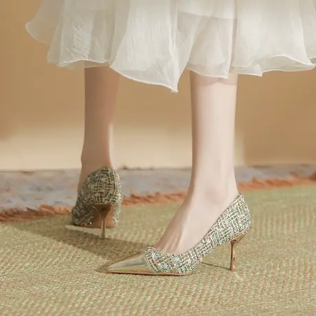 2024年春季新款拼接小香风高跟鞋女细跟性感尖头珍珠气质名媛单鞋图片