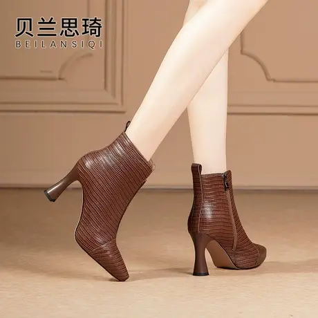 压花真皮踝靴厚底粗跟短靴女2023秋冬季新款舒适防水台高跟马丁靴图片