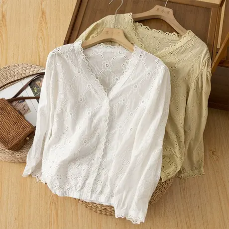 享永子棉质衬衫女蕾丝花边镂空设计感小众文艺复古上衣2023新款秋商品大图