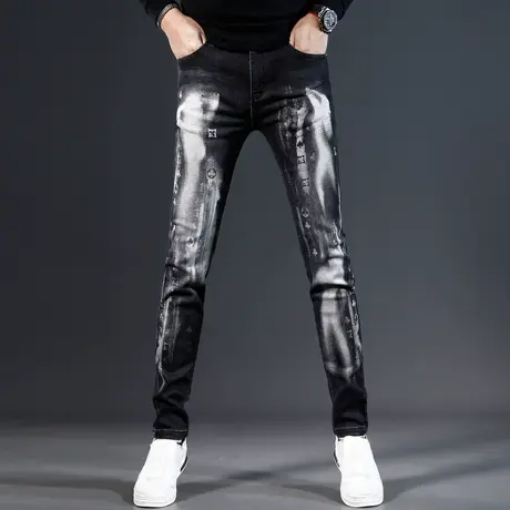 欧美牛仔裤男款修身小脚秋冬款激光印花高端弹力潮流男士裤子黑色商品大图