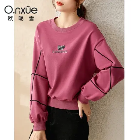 欧昵雪2023秋装新款明线立体蝴蝶字母绣花圆领卫衣女长袖通勤宽松商品大图