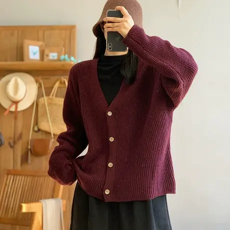 dza复古宽松V领彩点针织开衫女秋冬内搭叠穿上衣外穿休闲毛衣外套图片