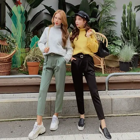 粉红大布娃娃2020春秋款哈伦裤女九分裤韩版休闲黑色直筒裤子显瘦商品大图