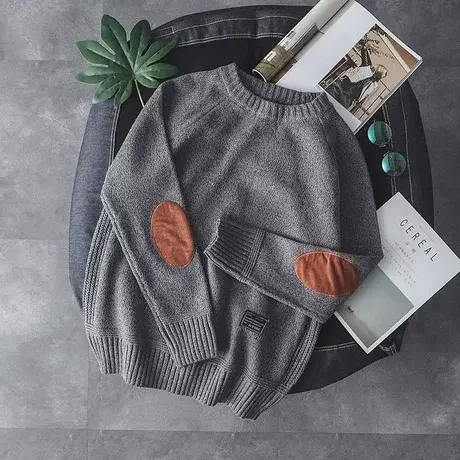 补丁贴布毛衣男冬季厚款大码针织衫潮牌圆领日系复古毛线衣外套商品大图