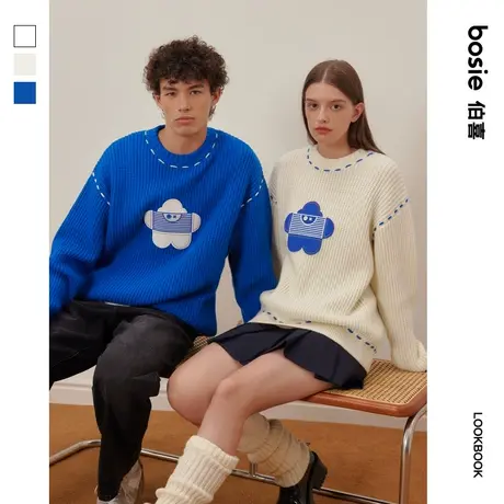 【小花人】bosie春秋季新款圆领毛衫男情侣撞色贴布绣针织衫毛衣商品大图