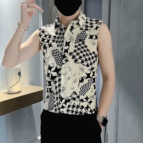 2023夏季花色潮牌无袖衬衫新款个性复古印花潮男背心上衣小众衬衣商品大图
