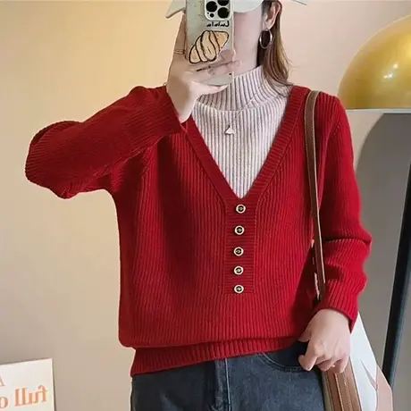 本命年红色毛衣女假两件半高领2023秋冬新款高级感超好看打底衫女图片