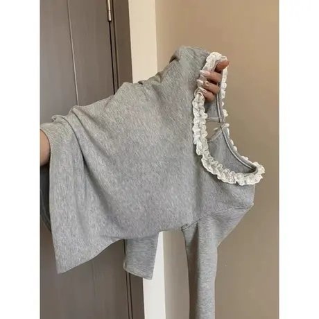 蕾丝花边拼接设计感小众打底衫女秋冬修身长袖T恤内搭德绒上衣服商品大图