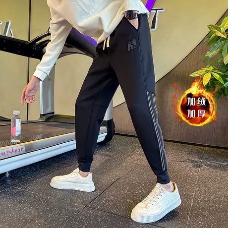 加绒男裤冬季新款潮牌拼接条纹设计感加厚束脚休闲裤冬款运动卫裤图片