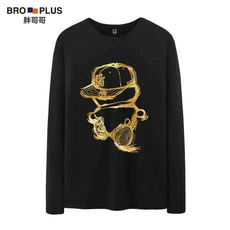 胖哥哥圆领烫金印花秋季潮休闲宽松胖子打底衫加肥加大长袖T恤男图片