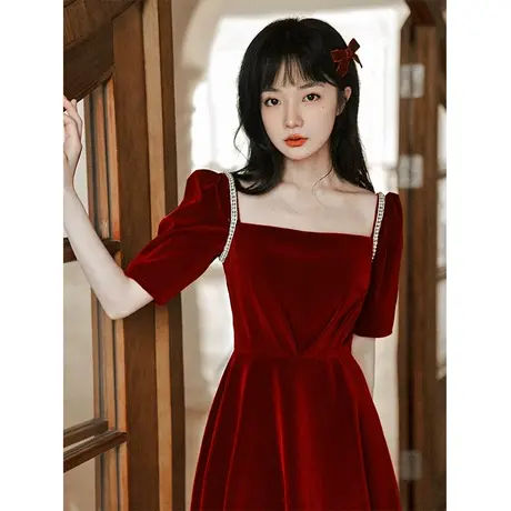 结婚敬酒服新娘夏季酒红色高级感订婚礼服连衣裙回门便装丝绒方领商品大图