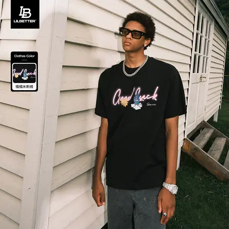 Lilbetter幸运手势刺绣短袖t恤男半袖宽松体恤衫潮ins美式男装夏商品大图