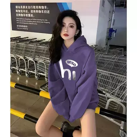 紫色加绒连帽卫衣女款加厚外套秋冬季2024新款爆款宽松慵懒风上衣商品大图