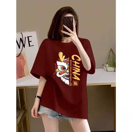 港味复古chic黑色短袖T恤女款秋季新款龙年宽松纯棉打底半袖体恤商品大图