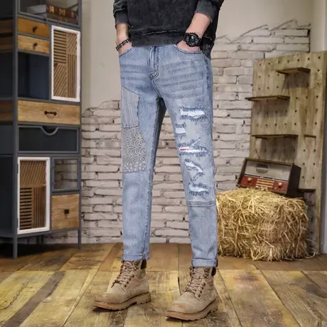 美式高街牛仔裤潮流大码牛仔裤破洞拼接高档潮牌休闲牛仔裤休闲男商品大图