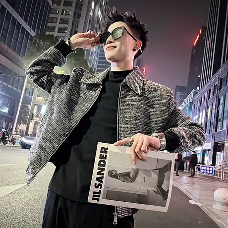 春季爆款小香风夹克2024新款翻领宽松轻熟风高级休闲机车外套男装商品大图