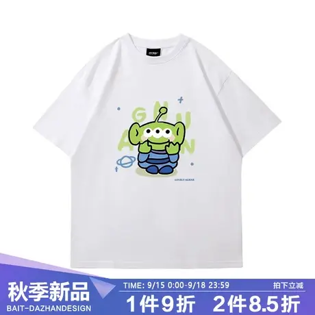 chic港风氛围感卡通外星人印花纯棉情侣短袖女夏季小众原宿风上衣商品大图
