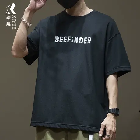 希越冰丝速干短袖印花T恤男2024春夏宽松大码黑色夏季印花五分t恤商品大图