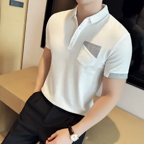 夏季短袖POLO衫男拼接口袋设计感轻熟半袖上衣ins潮牌修身翻领t恤商品大图