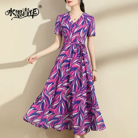 水墨青华2024夏季新品系带显瘦中长款印花裙时尚短袖大摆连衣裙图片