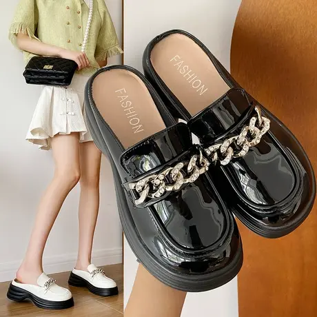 复古包头半拖鞋女夏外穿百搭中跟厚底乐福鞋小皮鞋穆勒鞋凉拖鞋子商品大图