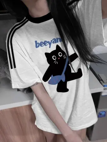 国潮牌美式复古三条杠插肩短袖t恤女夏季纯棉宽松大码半袖上衣服图片