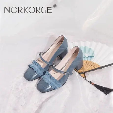 2024原创新款复古lolita玛丽珍女真皮方头玛丽珍粗跟中跟女士鞋商品大图