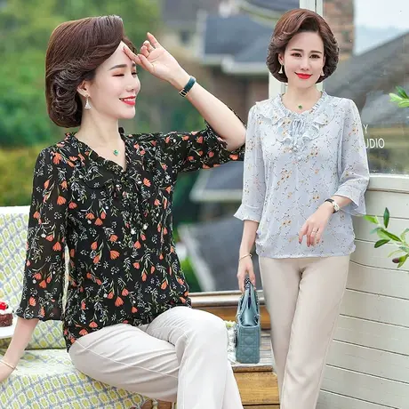 2022新款春装中老年女夏季薄款打底衫中年人妇女妈妈夏装小衫上衣商品大图